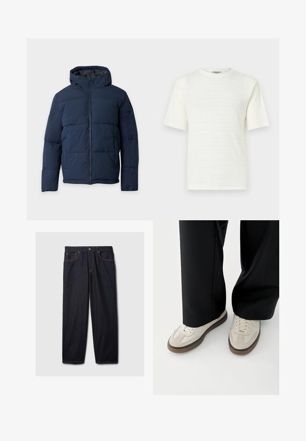 Doudoune d'hiver bleu marine avec capuche, fermeture éclair devant et deux poches latérales, présentée sur un fond clair.; T-shirt blanc à manches courtes en tissu texturé avec un subtil motif horizontal. Motif col rond, coupe décontractée.; Jeans en denim noir avec une coupe droite, dotés d'une fermeture à bouton et à zip, de deux poches avant et de coutures orange contrastantes.; Pieds portant des baskets beige avec des semelles marron et un pantalon noir à jambes larges sur fond blanc.