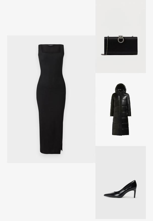 khujo HEDD - Wintermantel - black; Zwarte ribbelgebreide midi-jurk met een vierkante halslijn, een aansluitende silhouette en een zijsplit. Het materiaal heeft een soepele textuur. Eenvoudig ontwerp.; Zwarte leren hoge hak met een spitse neus, een gladde textuur en een tapse hak. Minimalistisch ontwerp, geen extra versieringen.; Zwarte satijnen clutch met een zilverkleurige ronde sluiting versierd met rhinestones, heeft een afneembare kettingriem.