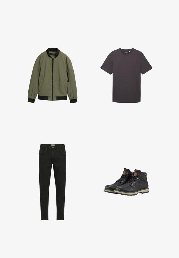 Olivgrüne Bomberjacke aus leichtem Material, mit schwarzem Kragen und Bündchen, Frontreißverschluss und Seitentaschen.; TOM TAILOR MIT STRUKTUR - T-Shirt basic - tarmac grey; Schwarze Slim-Fit-Jeans aus Denim mit Knopfverschluss, fünf Taschen und einem klaren, minimalistischen Design.; Schwarze, schnürbare Stiefeletten aus Leder mit beigen Gummisohlen, seitlichem Reißverschluss und braunen Akzenten an Kragen und Zunge.