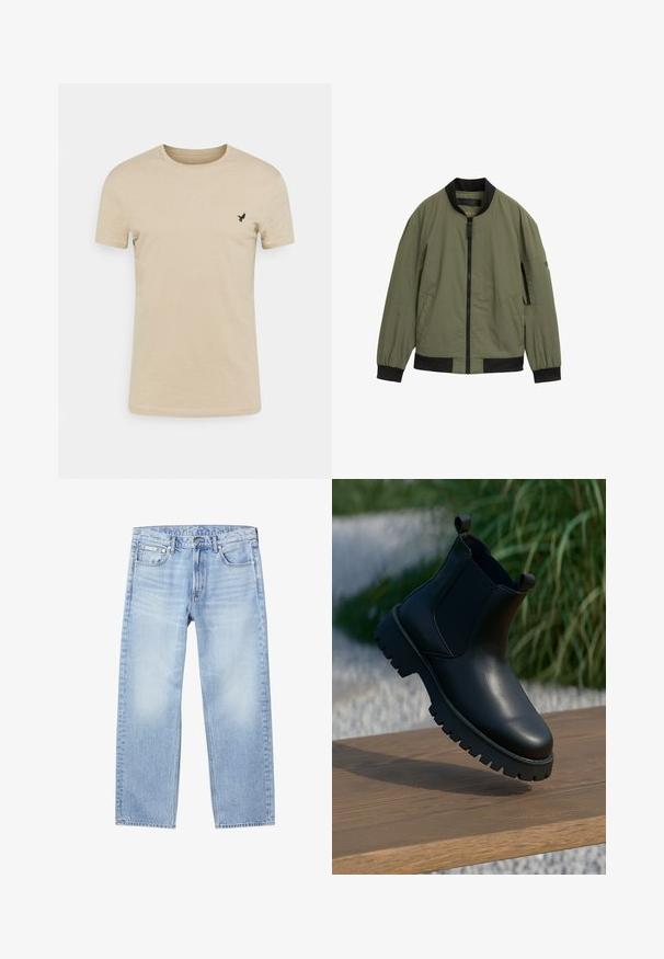 Olivengrøn bomberjakke lavet af letvægtsmateriale, med sort krave og manchetter, frontlynlås og sidelommer.; Beige kortærmet T-shirt lavet af blødt stof, med rund halsudskæring og et lille sort fugle-logo på venstre brystområde.; Lyseblå denimjeans med lige ben, forlommer, bæltestropper, knaplukning og et lille Calvin Klein-mærke på højre forlommes forside.; Sorte læder ankelstøvler med elastiske sidepaneler, rund tå og kraftig sål, vist på en træoverflade.