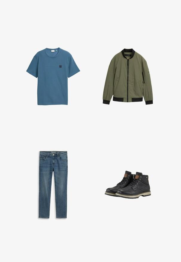 Olivgrüne Bomberjacke aus leichtem Material, mit schwarzem Kragen und Bündchen, Frontreißverschluss und Seitentaschen.; Blaues kurzärmliges T-Shirt aus strukturiertem Stoff, mit einem runden Halsausschnitt und einem quadratischen Logo-Patch auf der linken Brust.; Blaue Jeans aus mitteldunklem Denim mit geradem Schnitt, Fünf-Taschen-Design und Reißverschluss. Verfügt über dezentes Ausbleichen und Details an den Taschen mit Nahtverzierungen.; Schwarze, schnürbare Stiefeletten aus Leder mit beigen Gummisohlen, seitlichem Reißverschluss und braunen Akzenten an Kragen und Zunge.