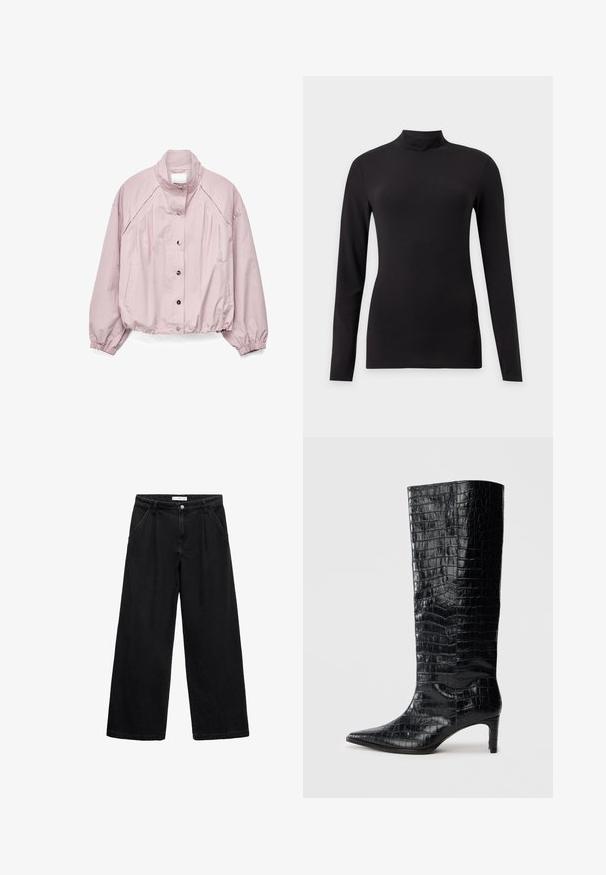 Hellrosa Freizeitjacke mit hohem Kragen, vorderen Druckknöpfen, elastischen Bündchen und Saum sowie Seitentaschen.; Schwarzes, enganliegendes Langarmshirt mit Stehkragen, gezeigt vor einfachem hellgrauem Hintergrund.; Schwarze weite Jeans aus Denim, mit hoher Taille, Fronttaschen und einem Knopfverschluss. Die Textur ist glatt mit minimalen Details.; Schwarze kniehohe Stiefel mit glänzender, krokodilgeprägter Textur, spitzer Zehenpartie und schmalem Absatz. Glattes synthetisches Material.