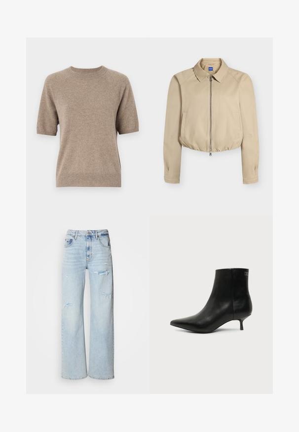 Veste courte beige avec fermeture éclair à l'avant, col pointu, manches longues, poches latérales et ourlet élastiqué, étiquetée "Hugo" à l'intérieur du col.; Pull à manches courtes en beige clair, fabriqué à partir d'un tissu doux et texturé. Doté d'un col rond et de poignets et d'un ourlet côtelés. Design décontracté.; Jean en denim bleu clair à jambes larges avec des détails déchirés, présentant une taille haute, un design à cinq poches et des bords bruts.; Bottine en cuir noir avec bout pointu et petit talon kitten sur fond clair, vue côté extérieur.