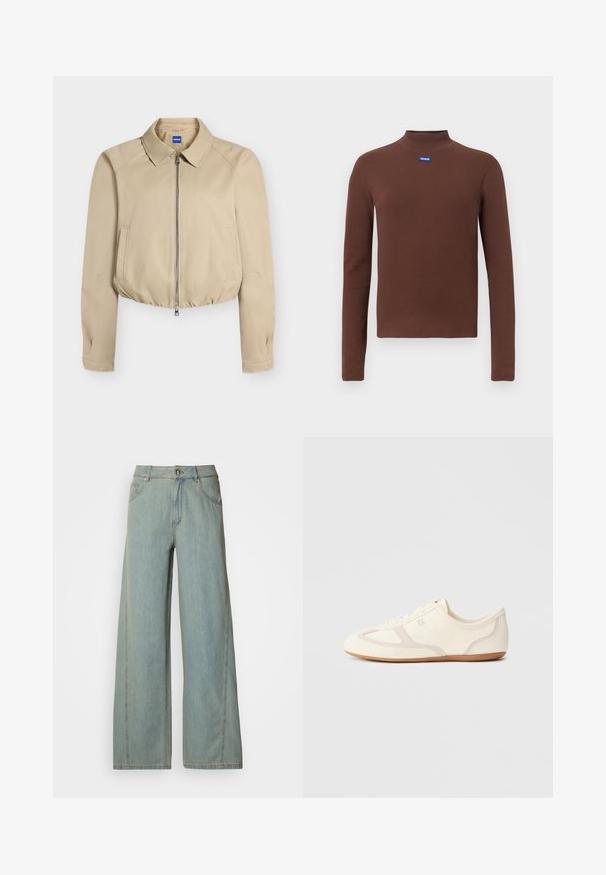 Beige gekürzte Jacke mit Frontreißverschluss, spitzem Kragen, langen Ärmeln, Seitentaschen und elastischem Saum, innen im Kragen mit "Hugo" beschriftet.; Braunes Langarm-Top mit Rollkragen aus geripptem Stoff. Verfügt über ein blaues Logo-Patch auf der Brust. Einfaches Design mit figurbetonter Silhouette.; Helle blaue weit geschnittene Jeans aus Denim, mit einem Knopf- und Reißverschluss, fünf Taschen und kontrastierenden Steppnähten.; Sneakers in Cremefarben mit Obermaterial aus Wildleder und Stoff, abgerundete Zehenpartie und Gummisohle mit beigefarbenem Akzent. Schnürsenkelverschluss.