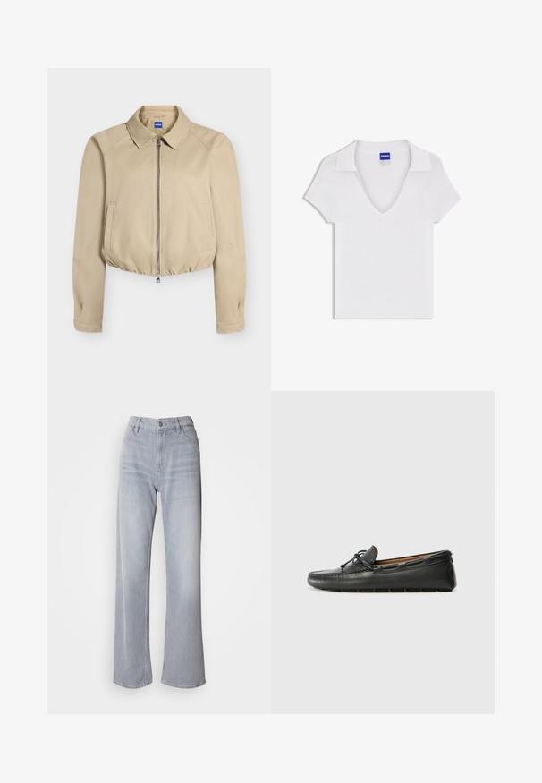 Beige gekürzte Jacke mit Frontreißverschluss, spitzem Kragen, langen Ärmeln, Seitentaschen und elastischem Saum, innen im Kragen mit "Hugo" beschriftet.; Weißes Kurzarmhemd mit V-Ausschnitt und weitem Kragen, aus strukturiertem Stoff gefertigt, mit einem blauen "HUGO"-Label im Nackenbereich.; Helle graue High-Waist-Jeans mit weit geschnittenem Bein, aus Denim. Verfügt über Fronttaschen, einen Reißverschluss und dezente Ausbleichungen an verschiedenen Stellen.; Schwarze Lederbootsschuhe mit rundem Zehenbereich, gestickten Details, kleinem Schleifenakzent und Gummisohle. Glatte Textur und schlankes Design.