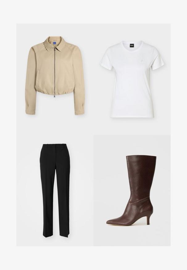 Beige cropped jasje met rits aan de voorkant, puntkraag, lange mouwen, zijzakken en elastische zoom, met label "Hugo" aan de binnenkant van de kraag.; Wit T-shirt met korte mouwen en ronde hals, met een klein reliëflogo op de linkerborst en een zwart BOSS-label aan de binnenkant van de kraag.; Zwarte op maat gemaakte broek met een recht model, voorzien van een soepele textuur en scherpe plooien aan de voorkant. Geen zichtbare hardware.; Bruine faux leren enkelboot met een spitse neus, textuur van slangenprint en een 5 cm hak, met een strakke, gestroomlijnde uitstraling.