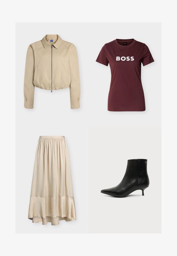 Veste courte beige avec fermeture éclair à l'avant, col pointu, manches longues, poches latérales et ourlet élastiqué, étiquetée "Hugo" à l'intérieur du col.; T-shirt bordeaux à manches courtes et col rond avec le logo BOSS blanc centré sur la poitrine, présenté sur un fond clair uni.; Jupe midi en satin couleur crème avec taille froncée et ourlet à volants, avec un dos légèrement plus long pour une silhouette asymétrique.; Bottine en cuir noir avec bout pointu et petit talon kitten sur fond clair, vue côté extérieur.