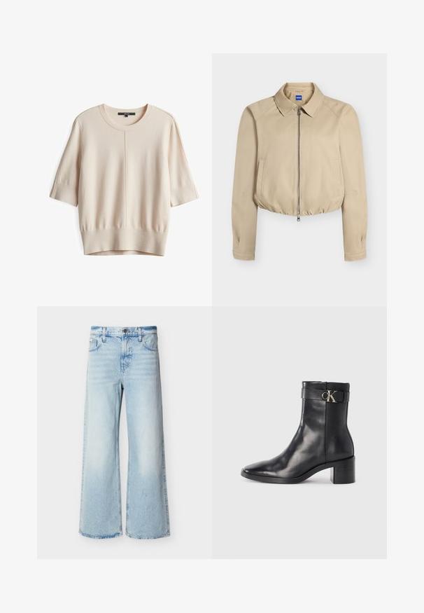 Beige gekürzte Jacke mit Frontreißverschluss, spitzem Kragen, langen Ärmeln, Seitentaschen und elastischem Saum, innen im Kragen mit "Hugo" beschriftet.; Heller beiger Kurzarmpullover mit Rundhalsausschnitt, gerippten Bündchen und Saum; bietet ein glattes, strukturiertes Strickmuster und eine zentrale Nahtdetails.; Hellblaue High-Waist-Jeans mit weitem Bein, vorderen Taschen, Gürtelschlaufen und Knopfverschluss.; Schwarze Leder-Ankle Boots mit spitzem Zehenbereich, Blockabsatz und einem Riemen mit einem metallischen Logodetail. Glatte Textur und minimales Design.