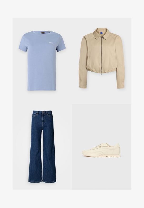 Veste courte beige avec fermeture éclair à l'avant, col pointu, manches longues, poches latérales et ourlet élastiqué, étiquetée "Hugo" à l'intérieur du col.; T-shirt en coton bleu clair à manches courtes, col rond, avec le logo BOSS brodé en blanc sur le côté gauche de la poitrine. Texture douce, coupe décontractée.; Jean large à lavage foncé en denim, doté d'une taille haute, d'un design classique à cinq poches et de détails de couture subtils le long des coutures.; Baskets basses de couleur crème avec des coutures ondulées, une fermeture à lacets et une semelle crantée, vues de côté sur un fond uni.