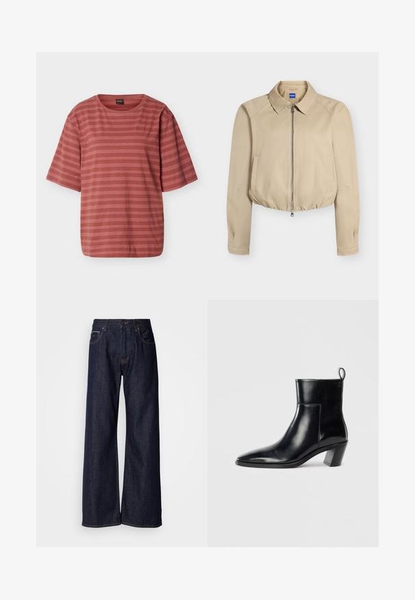 Veste courte beige avec fermeture éclair à l'avant, col pointu, manches longues, poches latérales et ourlet élastiqué, étiquetée "Hugo" à l'intérieur du col.; T-shirt à manches courtes couleur rouille avec de fines rayures horizontales blanches et un petit logo brodé sur le côté gauche de la poitrine.; Jean en denim noir à jambes larges et taille haute, avec poches avant et détails de couture subtils. Texture lisse avec une coupe classique.; Bottine en cuir noir avec un bout pointu, un talon empilé géométrique et une languette à l'arrière. Texture lisse et design épuré.