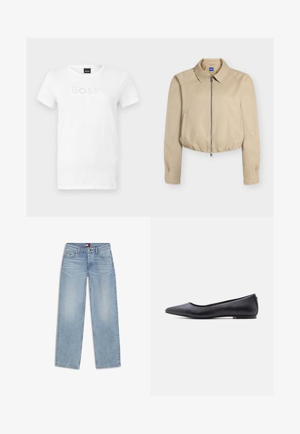 Veste courte beige avec fermeture éclair à l'avant, col pointu, manches longues, poches latérales et ourlet élastiqué, étiquetée "Hugo" à l'intérieur du col.; T-shirt blanc à manches courtes et col rond avec le texte "BOSS" composé de petits motifs circulaires sur la poitrine, présenté sur un fond uni.; Jean en denim bleu clair à coupe droite avec fermeture par bouton et zip, poches avant et légère décoloration au niveau des cuisses.; Chaussure plate en cuir noire à bout pointu avec petit talon, vue de profil sur fond blanc.