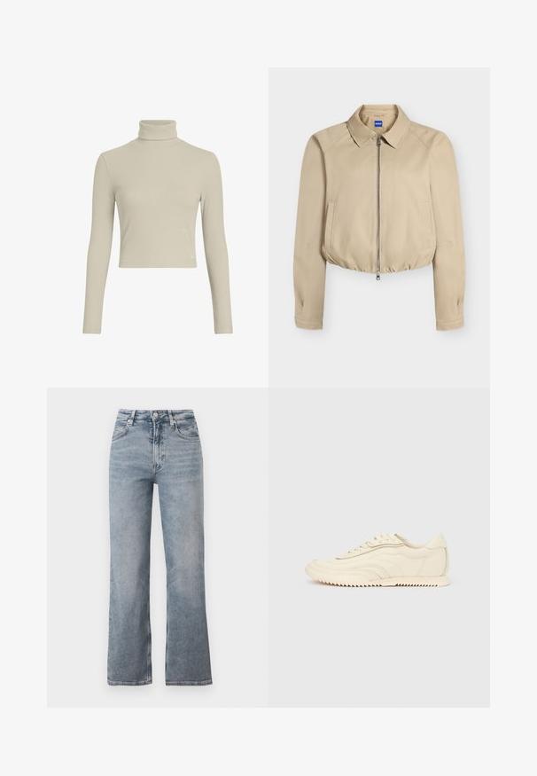 Beige cropped jakke med frontlynlås, spids krave, lange ærmer, sidelommer og elastisk kant, mærket "Hugo" indeni kraven.; Lys beige ribbet turtleneck langærmet top med et tætsiddende design og høj hals. Har en subtil logo-tag i kanten. Glat tekstur.; Lyseblå højttaljede jeans med lige ben, forreste knaplukning, lynlås og klassisk femlommedesign.; Lavprofileret sneaker i cremefarve med bølget syning, snørebånd og en rilleret sål, vist fra siden på en ensfarvet baggrund.