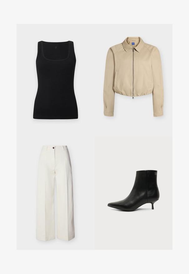 Veste courte beige avec fermeture éclair à l'avant, col pointu, manches longues, poches latérales et ourlet élastiqué, étiquetée "Hugo" à l'intérieur du col.; Débardeur noir moulant en tissu lisse, doté d'un décolleté carré et de larges bretelles ; sans motifs ni accents visibles.; Pantalon crème taille haute à jambes larges, avec passants de ceinture, fermeture à bouton unique et zip, présenté à plat sur un fond uni.; Bottine en cuir noir avec bout pointu et petit talon kitten sur fond clair, vue côté extérieur.
