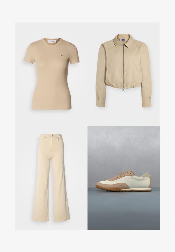 Chaqueta corta beige con cremallera frontal, cuello puntiagudo, mangas largas, bolsillos laterales y bajo elástico, con etiqueta "Hugo" en el interior del cuello.; Camiseta de algodón de canalé beige, con mangas cortas, escote redondo, forma ajustada y un pequeño logo verde de Lacoste en el lado izquierdo del pecho.; Jeans beige de pierna ancha con cintura alta, bolsillos frontales y costuras en contraste, con cierre de botón y una textura de algodón suave.; Zapatilla en crema y beige con parte superior texturizada, cordones y suela de goma, exhibida sobre una superficie de madera con piedras.