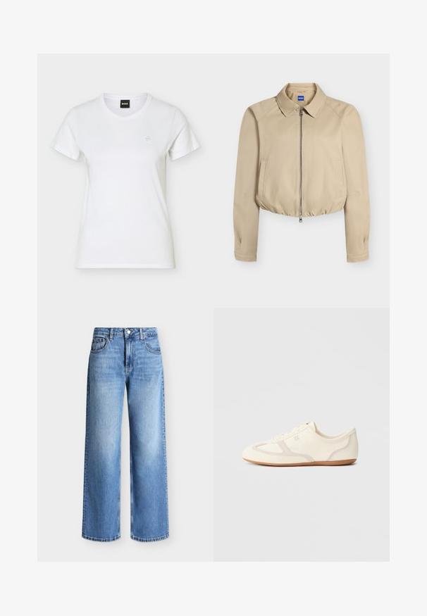 Veste courte beige avec fermeture éclair à l'avant, col pointu, manches longues, poches latérales et ourlet élastiqué, étiquetée "Hugo" à l'intérieur du col.; T-shirt blanc à manches courtes avec col rond, petit logo en relief sur le côté gauche de la poitrine et étiquette BOSS noire à l'intérieur du col.; Jean droit bleu avec cinq poches et une fermeture bouton et zip, présenté sur un fond clair uni.; Baskets couleur crème avec une tige en daim et tissu, un bout arrondi, et une semelle en caoutchouc avec un détail accent beige. Fermeture à lacets.