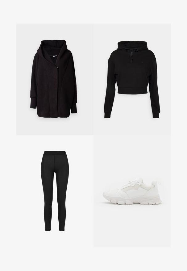 Veste à capuche en polaire noire avec une surface texturée, des manches larges, une fermeture à l'avant et un design drapé. L'intérieur est lisse.; Even&Odd active Sweat à capuche - black; Leggings noirs en tissu lisse, avec une taille haute, une coupe moulante et sans coutures visibles, adaptés pour un usage décontracté ou actif.; NA-KD CONTRAST SOLE TREKKING - Baskets basses - white