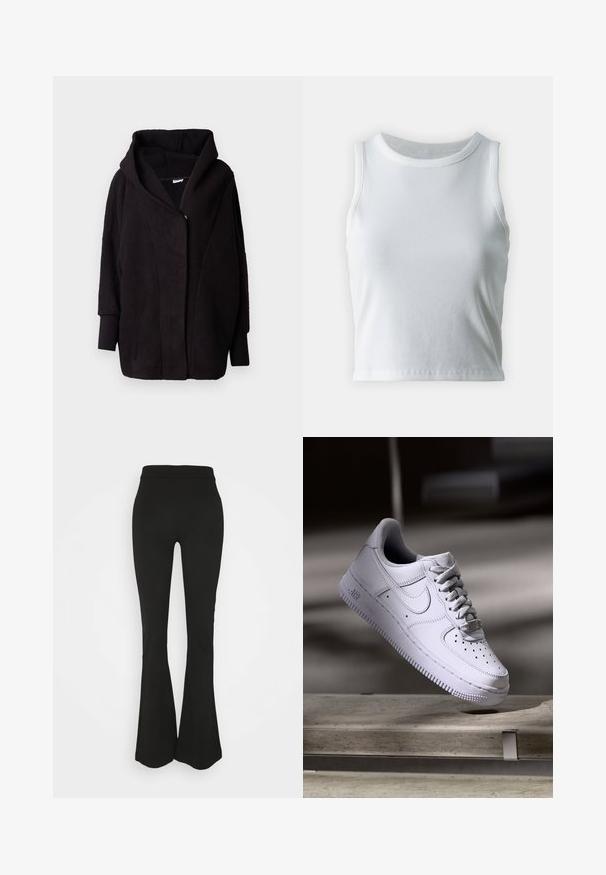 Veste à capuche en polaire noire avec une surface texturée, des manches larges, une fermeture à l'avant et un design drapé. L'intérieur est lisse.; Débardeur blanc côtelé avec un décolleté rond et sans manches, présentant un ourlet droit et une texture lisse et extensible.; Leggings noires évasées avec une texture lisse, une taille haute et une silhouette ajustée, s'élargissant en un design évasé au niveau de la cheville.; Baskets Nike Air Force 1 blanches lévitant au-dessus d'une surface en béton avec des ombres dans un cadre minimaliste.
