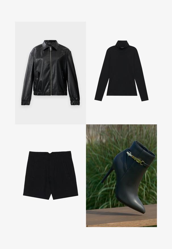 Zwarte faux leren bomberjack met een voorsluiting met rits, zijflapzakken met drukknoopsluitingen, elastische manchetten en tailleband.; Zwarte langetermijn turtleneck. Zachte stof, getailleerd design, hoge kraag en zijnaad. Eenvoudige en veelzijdige stijl die geschikt is voor het laagjes dragen.; Zwarte shorts van een gladde stof, met zijzakken, een getailleerde pasvorm en gestikte plooien aan de voorkant voor een nette silhouet.; Zwarte high-heeled enkelboot met spitse neus en gouden gespdetails, weergegeven op een houten oppervlak met een achtergrond van groene bladeren.