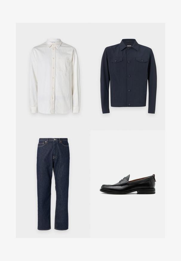Ναυτικό σακάκι από ελαφρύ ύφασμα, με κλασικό γιακά, κουμπωτή μπροστινή όψη, δύο τσέπες στο στήθος και μακριά μανίκια.; Λευκό πουκάμισο με μακρύ μανίκι από υφαντό ύφασμα, με γιακά που κλείνει με κουμπιά, μπροστινή τσέπη και κουμπιά κατά μήκος της πλαϊνής ραφής και των μανικιών.; Σκούρα μπλε τζιν παντελόνι με σχέδιο ευθείας γραμμής. Διαθέτει κλείσιμο με κουμπί και φερμουάρ, πέντε τσέπες και λεπτομέρειες ραφής σε αντίθεση.; Μαύρο δερμάτινο ανδρικό μοκασίνι με ραφή moc toe, λουράκι penny, υφασμένο γιακά και χαμηλό συστοιχισμένο τακούνι σε λευκό φόντο.
