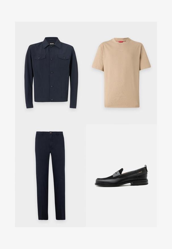 Marinejakke lavet af letvægtsstof, med klassisk krave, knaplukning foran, to brystlommer og lange ærmer.; Beige bomulds T-shirt med korte ærmer, rund halsudskæring og subtilt "HUGO" logo i midten. Glat overflade, afslappet pasform.; Marineblå bomuldsbukser med lige ben, foran lynlås og enkelt knaplukning. Glat tekstur uden synlige mønstre.; Sort læderloafer med grå remdetalje, lav hæl og tekstureret sål, mærket med "HUGO" i guld på siden.