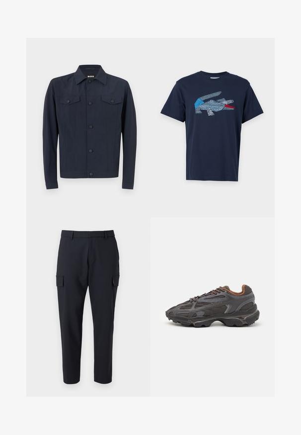 Marinejakke lavet af letvægtsstof, med klassisk krave, knaplukning foran, to brystlommer og lange ærmer.; Lacoste T-shirts print - dark blue; Mørk navy cargo bukser med lige ben, to sidelommer og et fladt frontdesign. Fremstillet af et letvægtsstof.; Lacoste sneakers i mørkegrå med mesh og syntetisk materiale, udstyret med en tekstureret sål og brune accenter på kraven og brandingen.