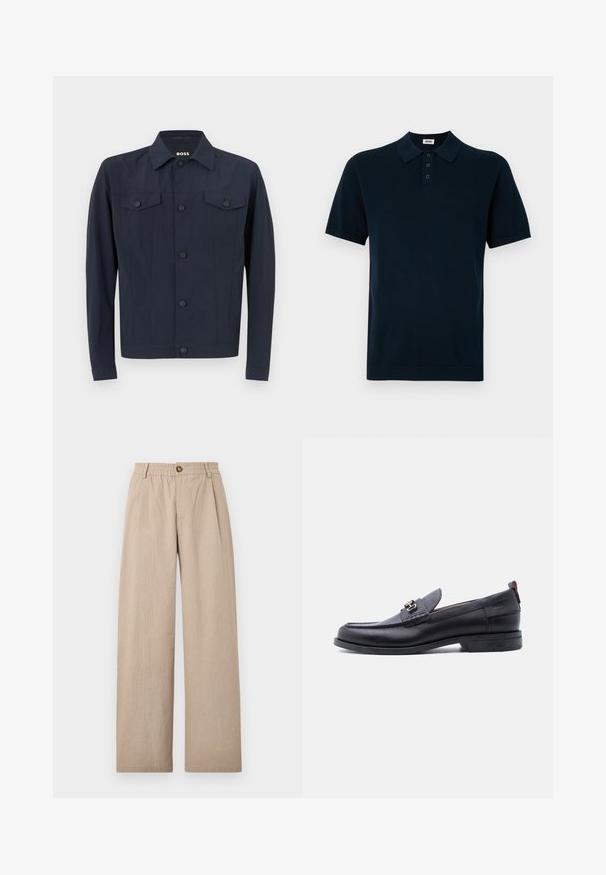 Marinejakke lavet af letvægtsstof, med klassisk krave, knaplukning foran, to brystlommer og lange ærmer.; Marineblå polo T-shirt med korte ærmer, der har et tekstureret stof, tre-knaps placket og strikket krave og manchetter.; Beige vide bukser med struktureret finish, der har folder og en elastisk talje, fastgjort med en bronze knap foran.; Sort lædermokasin med grå tekstureret forfod, sølvfarvet metalspænde, lav hæl og trækflap bagpå.