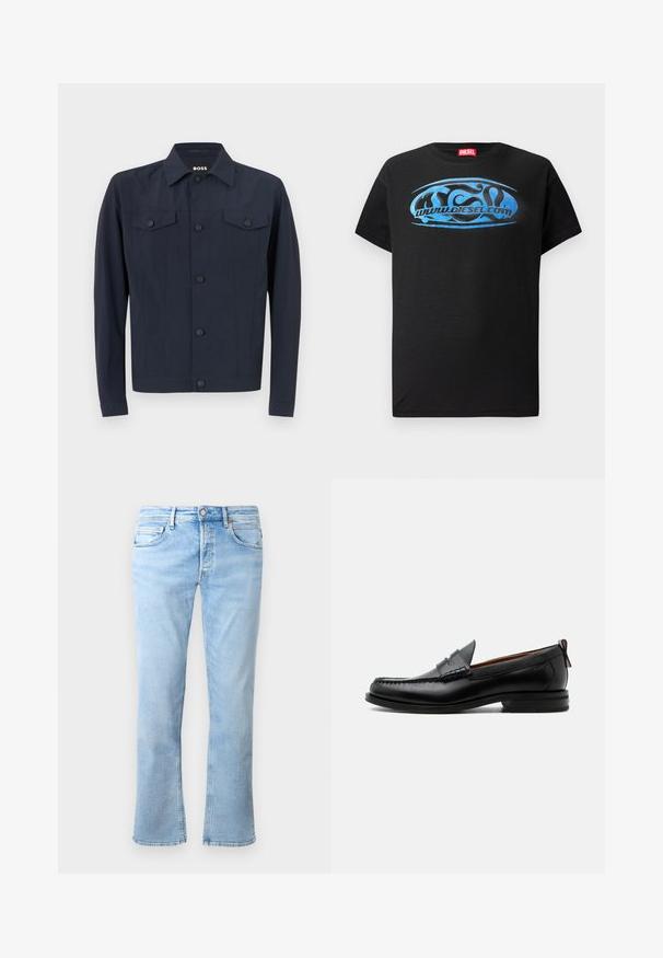 Marinejakke lavet af letvægtsstof, med klassisk krave, knaplukning foran, to brystlommer og lange ærmer.; Sort kortærmet t-shirt lavet af bomuld, med et blåt grafisk logo-design og teksten "www.diesel.com" på forsiden.; Lyseblå denimjeans har en lige ben-design, fem lomme-styling og en knaplukning. Stoffet har en glat tekstur med falmede accenter.; Sort læder herre loafer med moc-tå syning, penny strop, struktureret krave og lav stablet hæl på hvid baggrund.