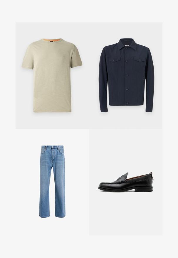 Marinejakke lavet af letvægtsstof, med klassisk krave, knaplukning foran, to brystlommer og lange ærmer.; Lys grøn kortærmet t-shirt lavet af tekstureret stof. Har en rund halsudskæring og et lille præget "BOSS" logo på brystet.; Lyseblå denim jeans med lige ben-design, fem lommer, knaplukning, minimal falming og kontraststingdetaljer.; Sort læder herre loafer med moc-tå syning, penny strop, struktureret krave og lav stablet hæl på hvid baggrund.