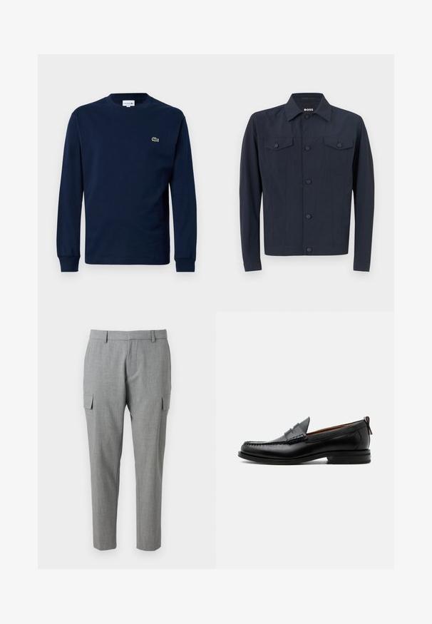Merijacket valmistettu kevyestä kankaasta, jossa on klassinen kaulus, napitettava etuosa, kaksi rintataskua ja pitkät hihat.; Navy pitkähihaine t-paita, joka on valmistettu puuvillasta. Paidan kauluksessa on pyöreä muoto ja vasemmassa rintapielessä on pieni vihreä krokotiili-logo.; Harmaat cargo-housut, jotka on valmistettu teksturoidusta kankaasta. Niissä on sivutaskut, suora malli ja keskikorkea vyötärö. Siistit ompeleet ja ei näkyviä kuvioita.; Miesten musta nahka loafer mokkakengännissäpäällysteisesti, pennihihnalla, teksturoidulla kauluksella ja matalalla pinotulla korolla valkoisella taustalla.