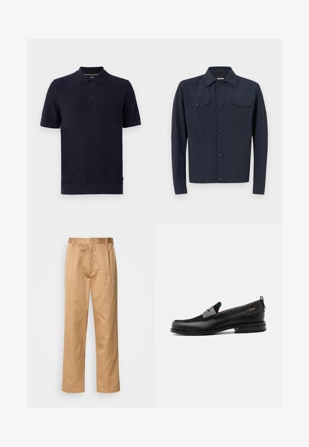 Marinejakke lavet af letvægtsstof, med klassisk krave, knaplukning foran, to brystlommer og lange ærmer.; Marineblå polo T-shirt lavet af tekstureret strikstof, med toknap lukning og ribbet ærmer og kant. Enkel og moderne design.; Khaki bukser, blanding af bomuld, lige ben-design, frontfald, bæltesløjfer og knaplukning. Glat tekstur uden mønstre.; Sort læderloafer med grå remdetalje, lav hæl og tekstureret sål, mærket med "HUGO" i guld på siden.