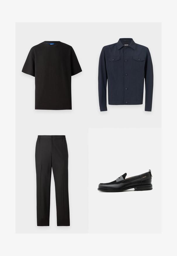 Marinejakke lavet af letvægtsstof, med klassisk krave, knaplukning foran, to brystlommer og lange ærmer.; Sort t-shirt med korte ærmer, rund hals, lavet af ribbet stof. Har en afslappet pasform og et subtile blåt mærke indeni halsudskæringen.; Sorte bukser med lige ben, elastisk talje med knaplukning, flad front og glat stofoverflade.; Sort læderloafer med grå remdetalje, lav hæl og tekstureret sål, mærket med "HUGO" i guld på siden.