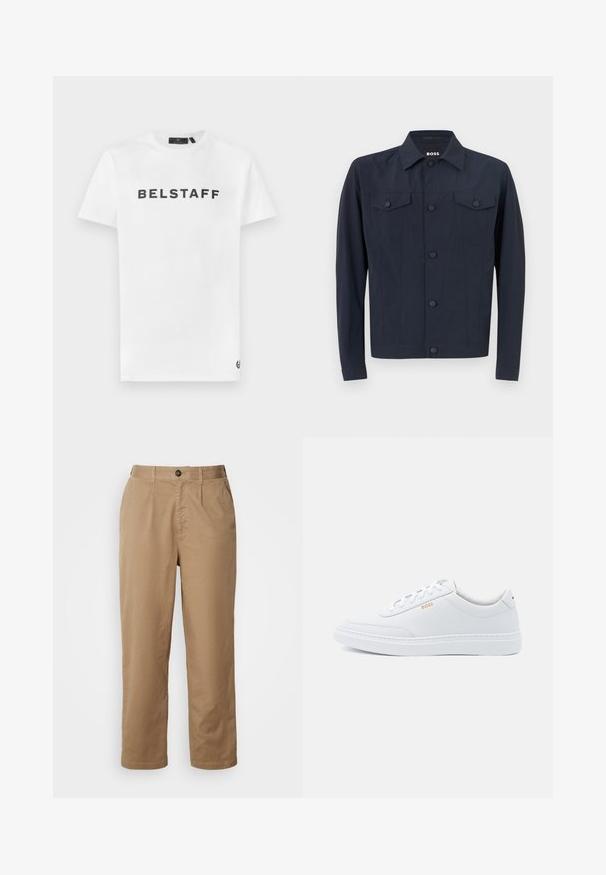 Kerge kangast mereväe jope, millel on klassikaline krae, nööbiga eesmine osa, kaks rinna taskut ja pikad varrukad.; Valge puuvillane T-särk, mille esiküljel on must "BELSTAFF" logo. Klassikaline ümar kaelus ja lühikesed varrukad, hemil on väike logo detail.; Khaki puuvillased püksid, sirge sääre disainiga, ees taskud ja ühe nööbiga sulgemine vööosas.; Valged nahast tennisekad, millel on sile tekstuur, ümar varvas ja toon-toonis õmblused. Kootud sinised paelad ja kuldne logo küljel.