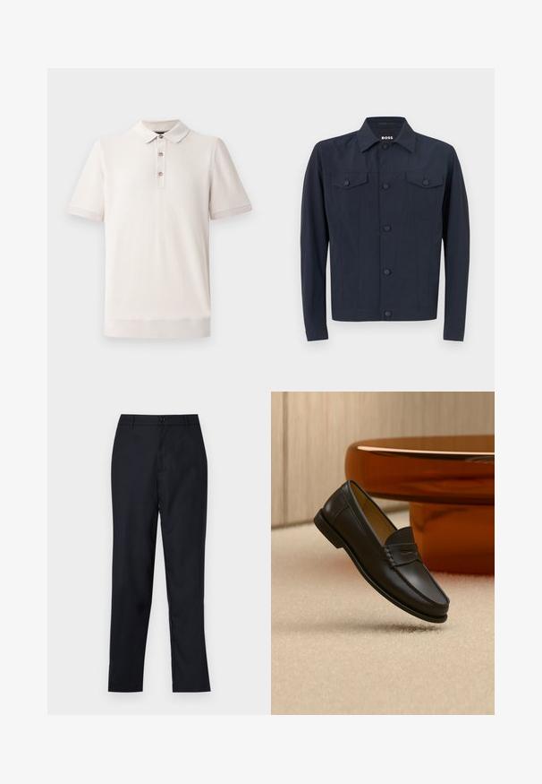 Marinejakke lavet af letvægtsstof, med klassisk krave, knaplukning foran, to brystlommer og lange ærmer.; Kortærmet polo-shirt i lys beige, tekstureret materiale med krave og tre knaplukninger; ribbede detaljer ved ærmer og kant.; Marineblå bukser lavet af glat stof, med lige ben design, en enkelt knaplukning og subtile forfald i fronten.; Sort læder loafer-sko hængende over beige tæppe med ravfarvet moderne møblement i baggrunden.