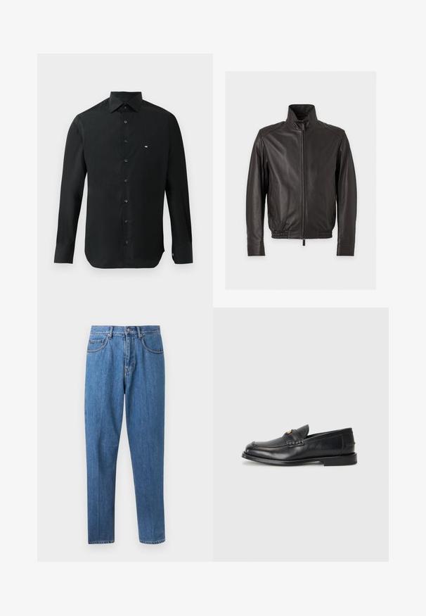 Chaqueta de cuero negra con cuello alzado, cremallera frontal, bolsillos laterales y cintura y puños elásticos, mostrada sobre un fondo claro y sencillo.; Camisa negra de manga larga hecha de tela suave, con cuello puntiagudo, botonera y un pequeño logo blanco en el lado izquierdo del pecho.; Vaqueros azules de corte recto con cierre de botón y cremallera, bolsillos delanteros y trabillas para cinturón, mostrados sobre un fondo blanco.; Mocasines de cuero negro con punta redonda, detalles de costura y un pequeño acento dorado en la parte frontal. La suela es plana y discreta.
