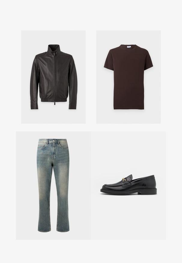 Schwarze Lederjacke mit Stehkragen, Frontreißverschluss, Seitentaschen und elastischem Bund und Bündchen, auf einfachem hellem Hintergrund dargestellt.; Einfaches dunkelbraunes T-Shirt mit kurzen Ärmeln und Rundhalsausschnitt, Slim Fit und kleinem weißen Etikett innen im Kragen.; Hellblaue Denim-Jeans mit geradem Bein, mittelhoher Taille und subtilen Ausbleichungen. Verfügt über klassische Taschenstil und Kontrastnähte.; Schwarze Lederleter mit einer abgerundeten Zehenpartie, ausgestattet mit goldenen Hardwareakzenten und Stichdetails, auf einer niedrigen, strukturierten Gummisohle.