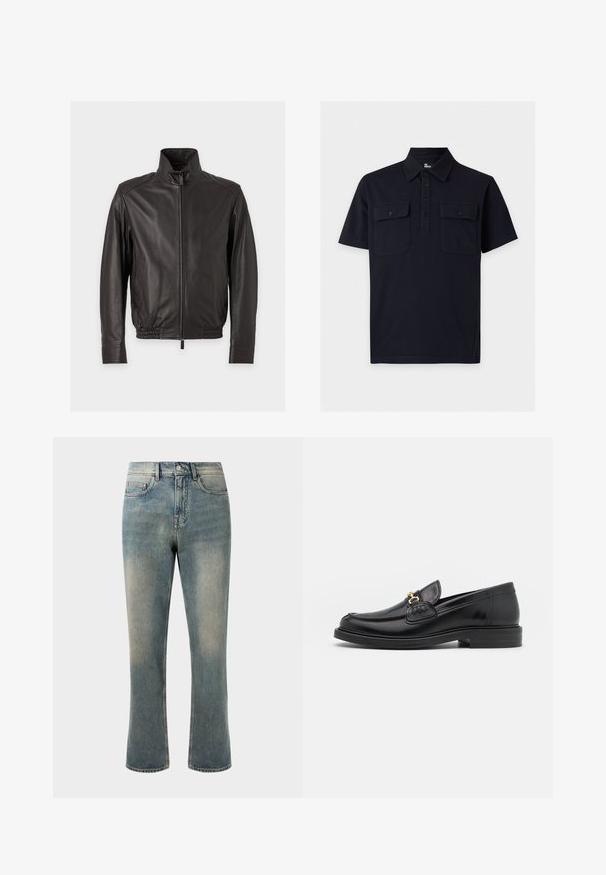 Sort læderjakke med ståkrave, lynlås foran, sidelommer og elastisk talje og manchetter, vist på ensartet lyst baggrund.; Sort kortærmet poloshirt med krave, fireknaps placket og to brystlommer med knappede klapper på ensfarvet baggrund.; Lys blå denim jeans med lige ben, mellemhøj talje og subtilt slid. Har klassisk lomme-design og kontrasterende stikninger.; Sorte læder loafers med en rund tå, der har guld hardware accent og syningsdetaljer, placeret på en lav, tekstureret gummisål.