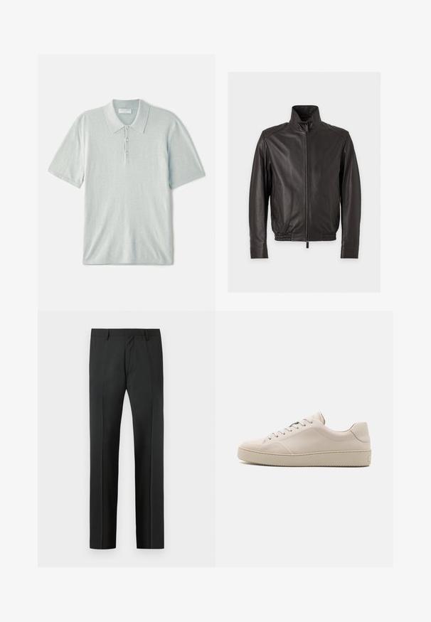 Sort læderjakke med ståkrave, lynlås foran, sidelommer og elastisk talje og manchetter, vist på ensartet lyst baggrund.; Lys blå polo shirt lavet af blødt stof, med klassisk krave, tre-knaps lukning og korte ærmer. Minimalistisk design.; Sorte skræddersyede bukser med bæltestropper og en forreste presning, vist mod en lys grå baggrund.; Beige lædersneakers med en glat finish, rund tå, flad sål og klassisk snøredesign. Subtile syninger og struktureret ydersål.