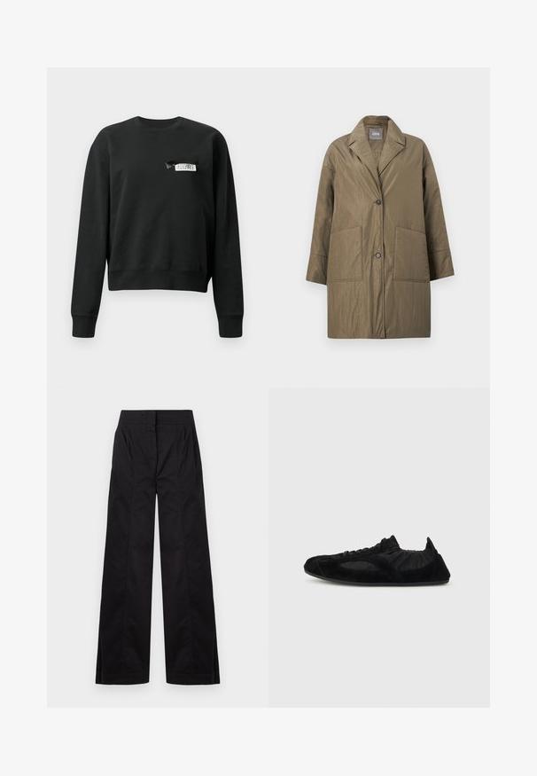 Manteau matelassé vert olive avec col à revers, deux poches avant et fermeture à boutons sur le devant.; Sweatshirt noir à manches longues et col rond avec une petite étiquette blanche et noire cousue près de la zone de la poitrine gauche.; Pantalon noir taille haute à jambes larges avec des détails de coutures frontales et des poches latérales, présenté sur un fond clair uni.; Baskets légères noires avec accents en daim, cheville élastiquée et semelle fine, présentées en profil latéral sur un fond uni.