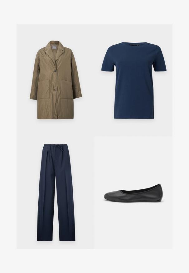 Manteau matelassé vert olive avec col à revers, deux poches avant et fermeture à boutons sur le devant.; T-shirt bleu marine à manches courtes avec col rond, design uni et coupe régulière, présenté sur un fond blanc.; Pantalon large bleu marine avec taille élastique et cordon de serrage ajustable, présenté à plat sur un fond blanc.; Ballerines en cuir noir avec un bout rond, texture lisse, détails de couture minimalistes et design de semelle flexible.