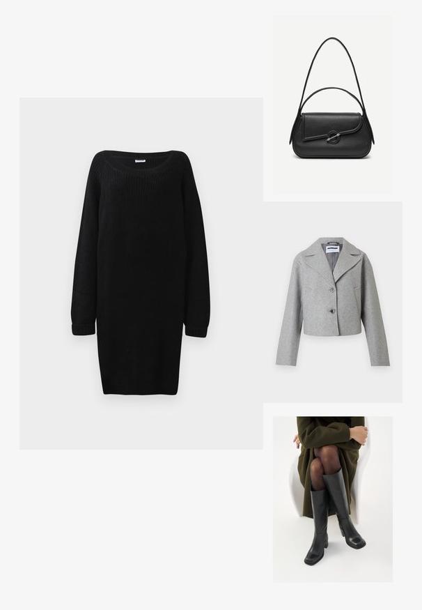 Lichtgrijze cropped mantel van een wolblend met brede revers, twee knopen, zijzakken en lange mouwen tegen een witte achtergrond.; Zwarte gebreide sweaterjurk met een ruime halslijn, lange mouwen en geribde boorden. Heeft een losse pasvorm en een gestructureerde stof.; Knieschijf hoge zwarte leren laarzen met een vierkante neus en blokhak, getoond met een model dat zit in een olijfgroene jas. Gladde textuur, minimale details.; Zwarte leren handtas met afgeronde hoeken, asymmetrische klep, metalen ronde sluiting en zowel korte als lange schouderriemen.