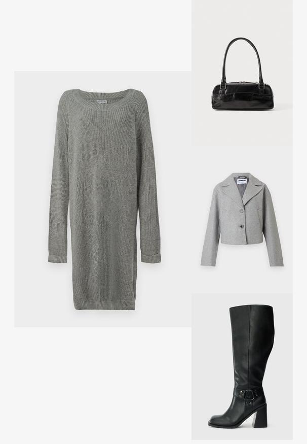 Lysegrå cropped frakke i uldblanding med brede revers, to knapper, sidelommer og lange ærmer mod hvid baggrund.; Grå strikket sweaterkjole med lange ærmer, ribbede manchetter, rund halsudskæring og sideslidser for nem bevægelse. Tekstureret stof.; Knæhøje sorte læderstøvler med firkantet tå, bred hæl og en dekorativ rem med metalaccenter omkring anklen. Glat tekstur.; Sort læderhåndtaske med rektangulær form, der har et enkelt struktureret håndtag, sølvhardware og lynlås-lukning. Glat tekstur.