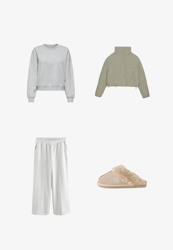 Geknipte puffer jack in lichtgroene corduroy. Voorzien van een hoge kraag, drukknopen en twee voorzakken. Gladde textuur met ribbelpatroon.; ONLY ONLBEST L/S CREW NECK SWT NOOS - Sweater - light grey melange; Lichtgrijze broek met wijde pijpen, elastische tailleband en zijzakken, met gestikte verticale naden op elke pijp.; Beige instappantoffel met zachte suède buitenkant en een zachte, pluizige voering en boord, ontworpen voor binnencomfort.