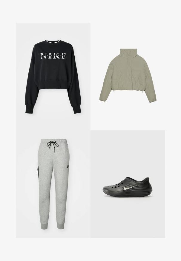 Lühem kummist pufferjakk helesinises korduuris. Omab kõrget kraed, nööpe ja kahte esikotti. Sile tekstuur ribakujundusega.; Lühendatud must puuvillane kapuutsiga dress, millel on valge "NIKE" ja "SPORTSWEAR" trükk, ribatud mansettide ja kraega.; Hallide hallis dressipüksid pehmest kangast, millel on nööriga vöökoht, kitsenevad sääred ja lukuga tasku vasakul küljel. Omab musta logo.; Mustad mustad klotsid, millel on sile ja tekstuuriga pind, mitmed ventilatsiooniavadega ning külgedel hõbedane Nike logo. Ümar tagumine osa.