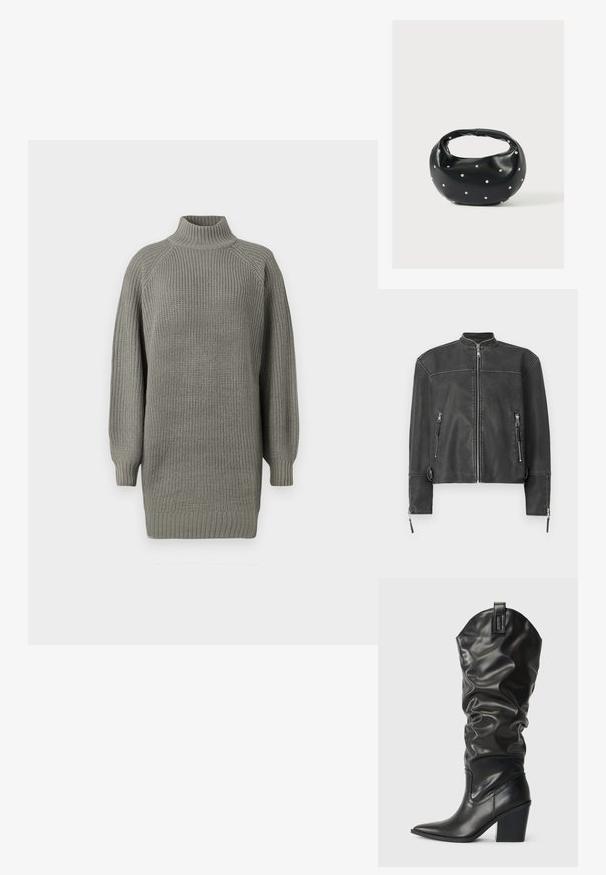 Schwarze Lederjacke mit einem Stehkragen, Frontreißverschluss und zwei Reißverschlusstaschen. Mit feinen Nähten und taillierter Passform.; Übergroßer grauer Strickpullover mit hohem Kragen, gerippten Bündchen und strukturierter Oberfläche. Verfügt über gesenkte Schultern und eine lockere Passform.; Schwarze Lederstiefel bis zum Knie mit einem lässigen Design, spitzer Zehenform und einem robusten Absatz. Enthält Nähte und eine Schlaufe an der Oberseite.; Schwarze Lederhandtasche mit abgerundeter Form, verziert mit silbernen Nietenakzenten und kurzem Griff. Glatte Struktur und Reißverschlussverschluss.