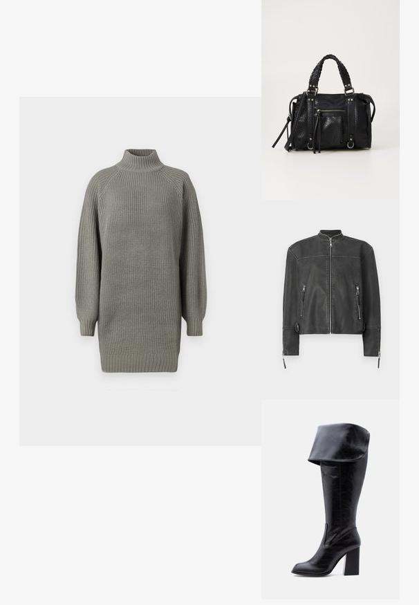 Veste en cuir noir avec col montant, fermeture éclair à l'avant et deux poches zippées. Présente des coutures discrètes et une coupe ajustée.; Pull en maille gris surdimensionné avec un col montant, des poignets côtelés et une surface texturée. Présente des épaules tombantes et une coupe décontractée.; Botte haute en cuir noir avec talon, bord plié et bout arrondi, debout sur un fond blanc.; Sac à main en simili cuir noir texturé avec des anses tressées, des accents en métal argenté et une poche zippée à l'avant. Design compact avec une bandoulière amovible.