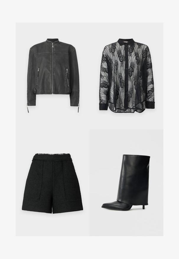 Chaqueta de cuero negro con cuello alzado, cremallera frontal y dos bolsillos con cremallera. Presenta costuras sutiles y un ajuste entallado.; Blusa negra de manga larga con botones, con patrón de encaje floral y cuello y puños sólidos, tela semitransparente, exhibida sobre fondo liso.; Pantalones cortos negros de tela texturizada con un dobladillo deshilachado, que cuentan con dos bolsillos frontales y un ajuste entallado.; Botín de cuero negro con un diseño estructurado y solapa doblada, punta afilada y tacón delgado. Textura lisa con detalles mínimos.