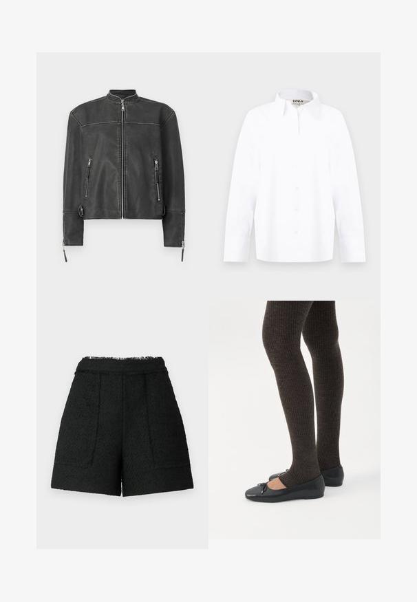 Chaqueta de cuero negro con cuello alzado, cremallera frontal y dos bolsillos con cremallera. Presenta costuras sutiles y un ajuste entallado.; Camisa blanca de manga larga con botones, cuello puntiagudo, puños ajustados y etiqueta de la marca "ONLY" en el cuello, talla mediana.; Pantalones cortos negros de tela texturizada con un dobladillo deshilachado, que cuentan con dos bolsillos frontales y un ajuste entallado.; Piernas con leggings oscuros acanalados combinados con bailarinas negras que presentan pequeños detalles de lazo sobre un fondo blanco.