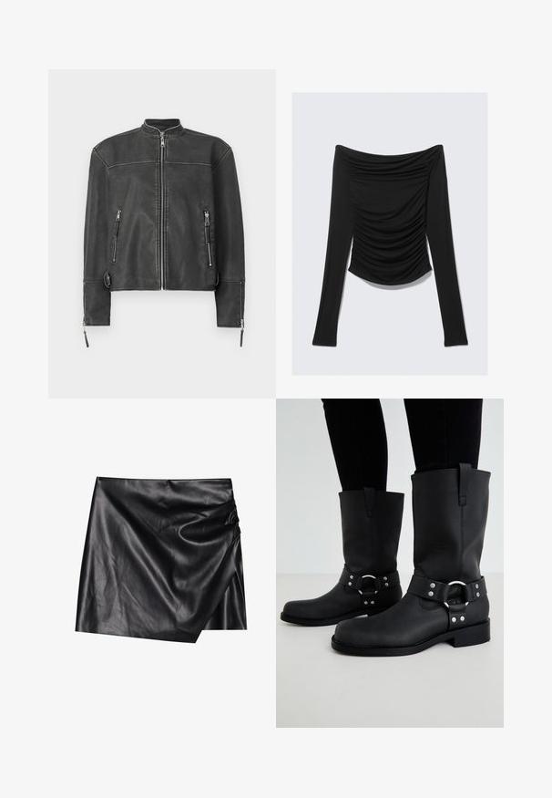 Sort læderjakke med ståkrave, frontlynlås og to lynlåslommer. Har diskret syninger og en skræddersyet pasform.; Sort langærmet off-shoulder top med rynkede detaljer foran og en tætsiddende silhuet mod en ensfarvet baggrund.; Sort læder mini nederdel med en omslagdesign, der har en blød, glat tekstur og diskrete draperingsdetaljer på den ene side.; ONLY SHOES ONLBAX - Cowboy- / bikerstøvler - black