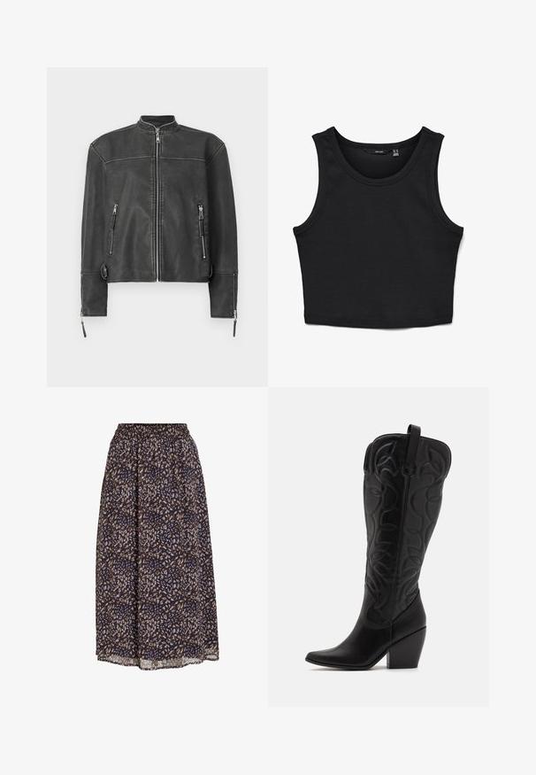 Veste en cuir noir avec col montant, fermeture éclair à l'avant et deux poches zippées. Présente des coutures discrètes et une coupe ajustée.; Top court noir en tissu côtelé. Dispose de larges bretelles et d'un col rond avec une coupe ajustée.; Jupe midi avec taille élastique, coupe ample et motif abstrait marron, beige et bleu marine.; Bottes hautes en cuir noir jusqu'aux genoux avec bout pointu et talon empilé. Caractéristiques de coutures décoratives et éléments de design courbés.
