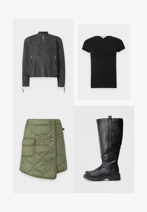Sort læderjakke med ståkrave, frontlynlås og to lynlåslommer. Har diskret syninger og en skræddersyet pasform.; Sort tætsiddende t-shirt med korte ærmer og rund halsudskæring, med et lille hvidt Topshop-mærke ved halsen.; Quiltet olivengrøn nederdel med en omslagdesign, der har en sidelomme, trykknapper og en glat, let blank tekstur.; Sorte knæhøje støvler lavet af glat læder med rundet tå, flad sål og en lodret sømdetalje langs siden.